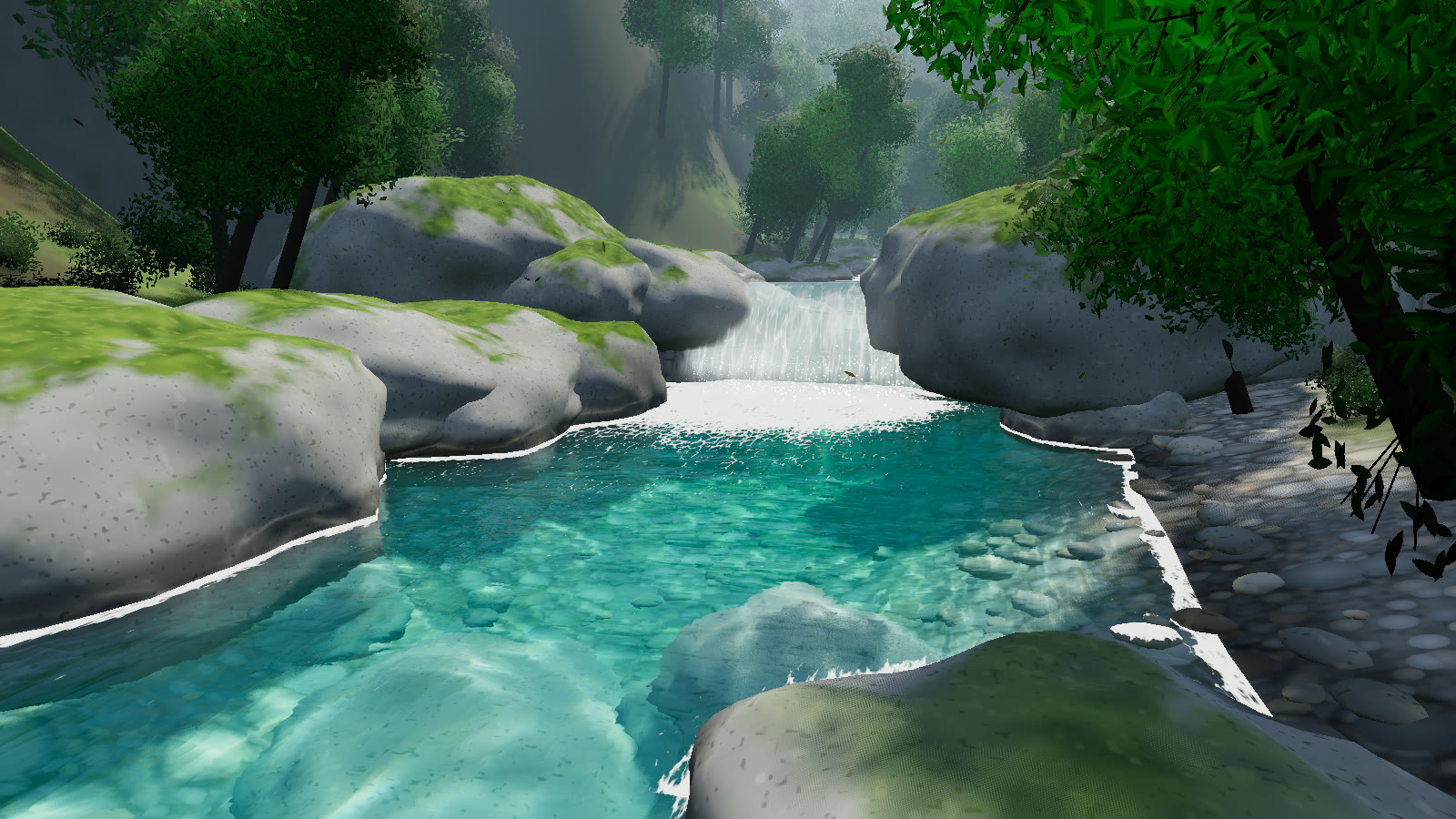 Boulders in the demo's main run, registered with `addObstacle()`. Here `water.foam` is raised to 2.5 to make the rings and wakes easy to see.