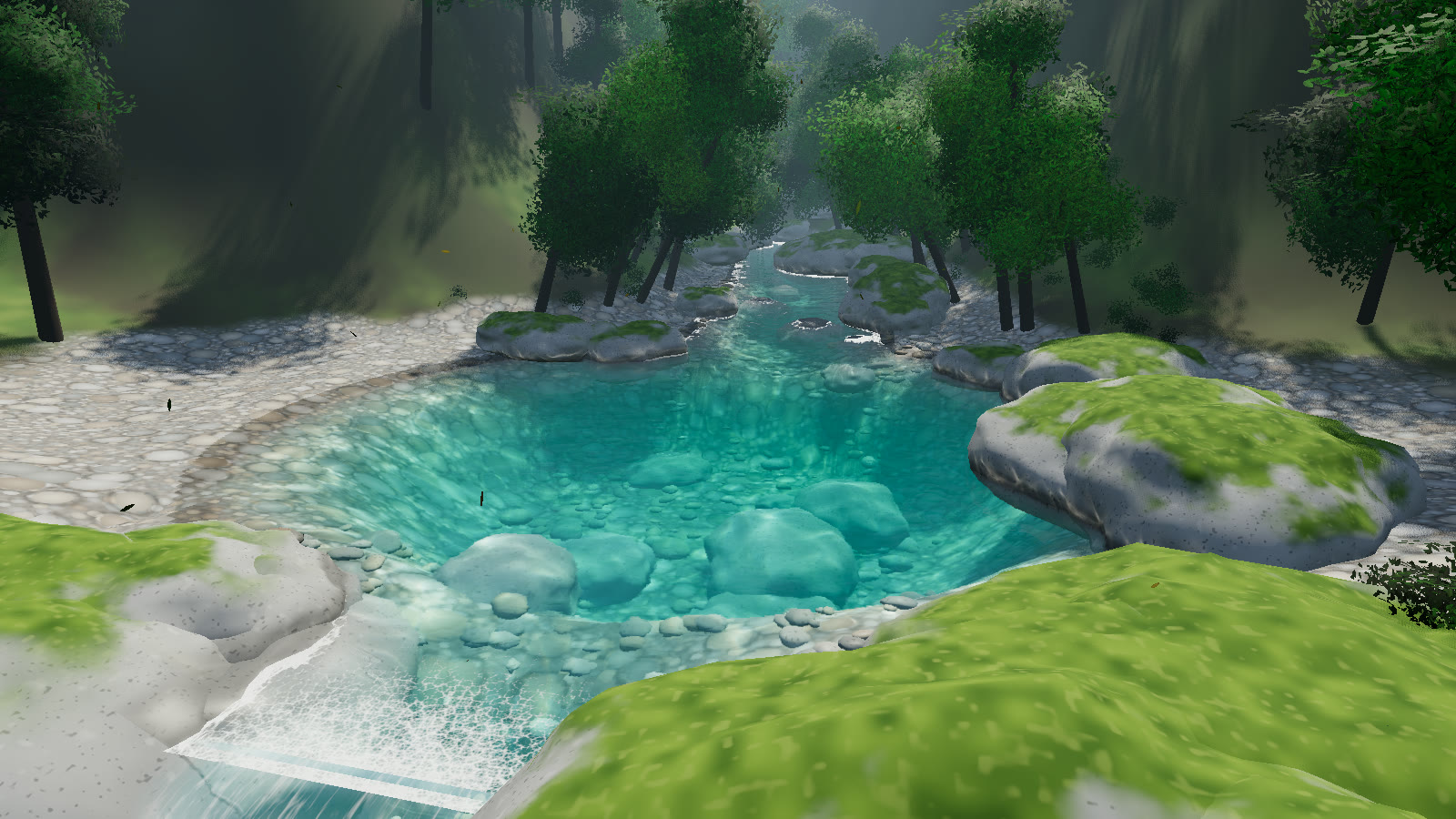 The demo's upper lake at `y = 3`: a circle of radius 10.5 m. The brook fades into it at the far end and the outlet leaves toward the lip in the foreground.