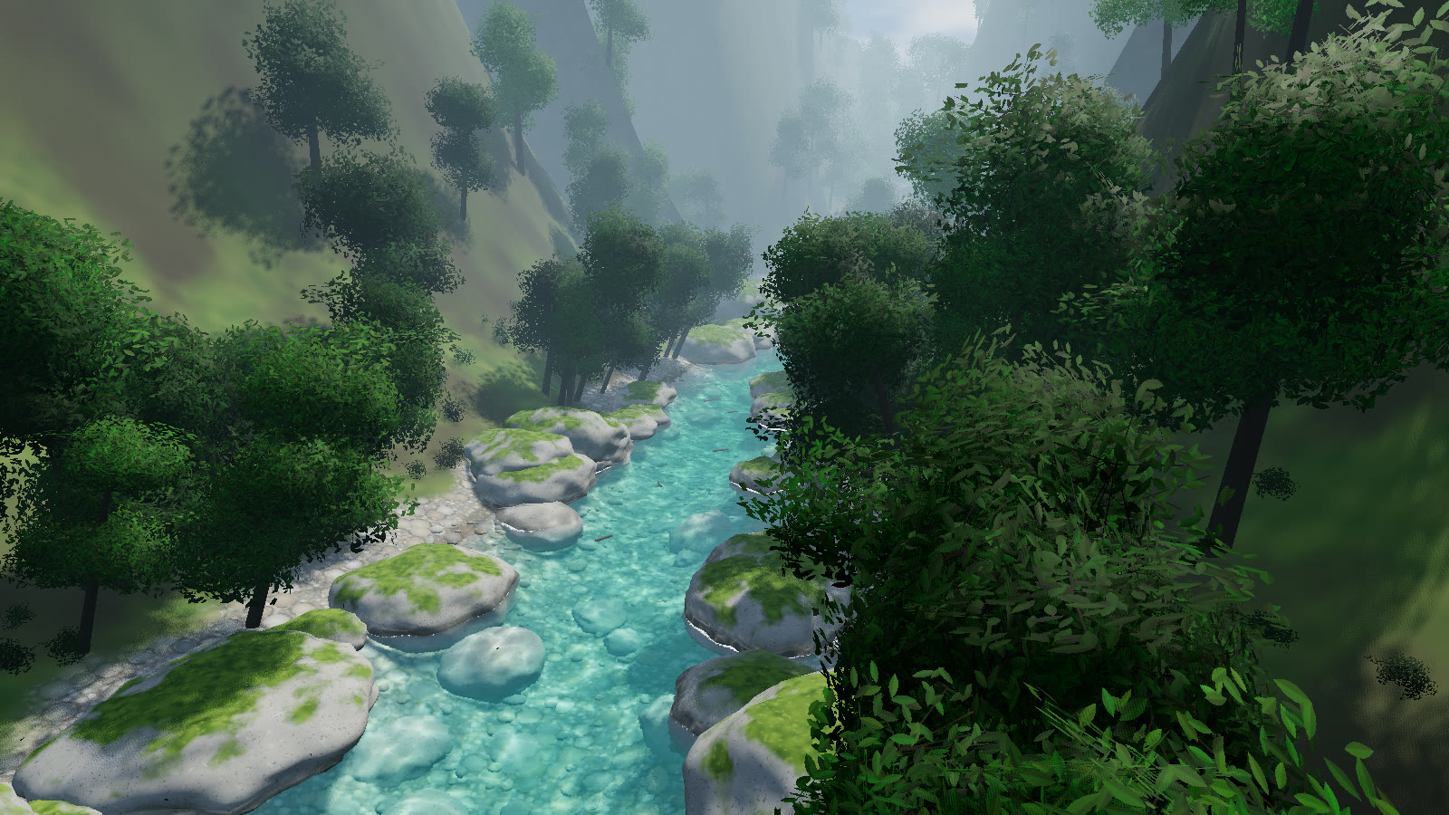 The same building blocks at the scale of the demo valley: the main run below the cascade, carved into the demo's hills, with its boulders and forest.